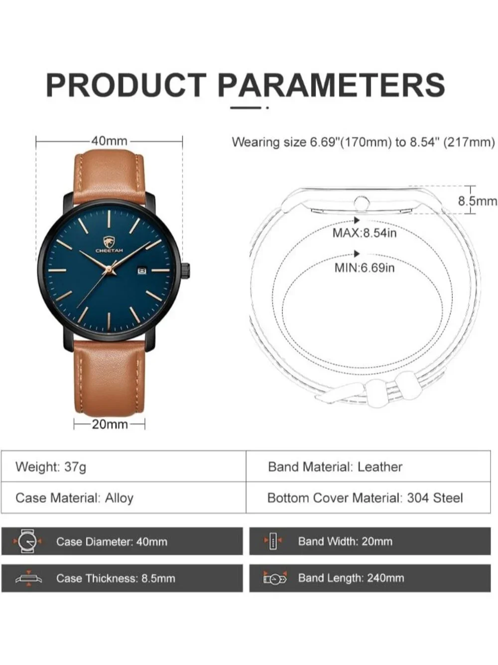 Men's Brown/Black/Blue Leather Strap Minimalist Waterproof Quartz Wrist Watch